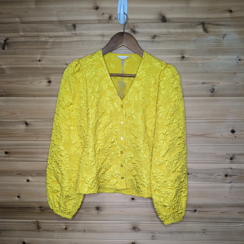 Esqualo Yellow Floral Jacquard Puff Sleeve V-Neck Button Down Blouse W23.15726 4